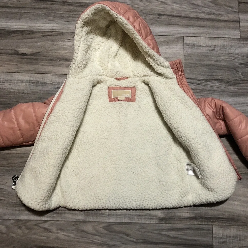 MICHAEL KORS Girls Puffer Zip Jacket Hooded Faux Fur Lined Blush Pink Sz‎ 6X EUC